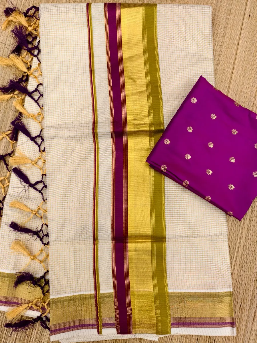 Checked Kasav Saree With Tussels - Purple & OliveGreen - Kara With Kasav - view 1