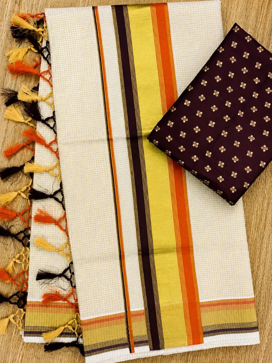 Checked Kasav Saree With Tussels - CoffeeBrown & Orange - Kara With Kasav - view 1