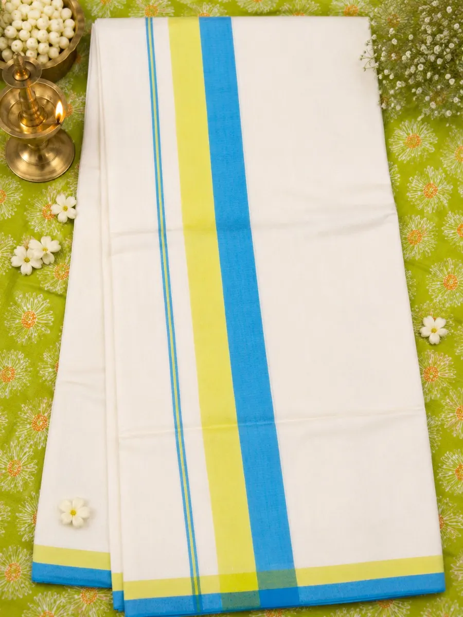 SkyBlue & LimeYellow - Chemandhikkara Set Saree - view 1