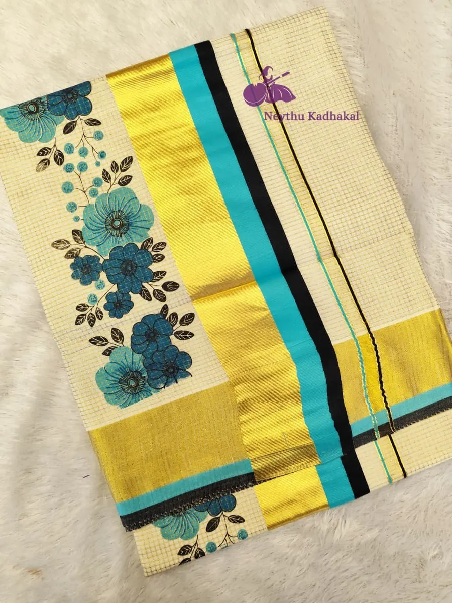 Poovaka - SkyBlue & Black -4*4 Printed Micro Check saree - view 1
