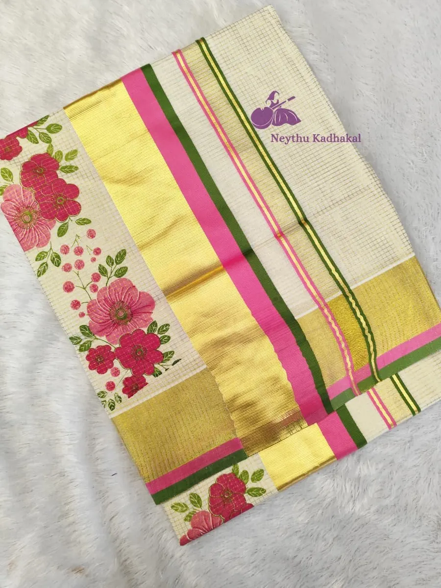 Poovaka - Pink & Green -4*4 Printed Micro Check saree - view 1