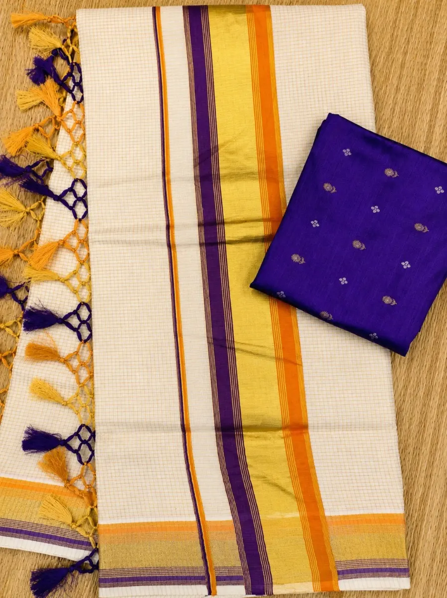 Checked Kasav Saree With Tussels - Violet & Orange - Kara With Kasav - view 1