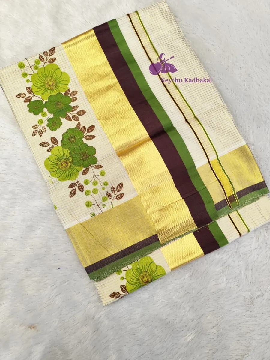 Poovaka - CoffeeBrown & Green -4*4 Printed Micro Check saree - view 1