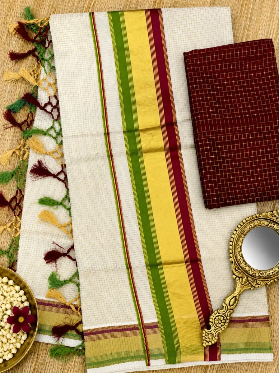 Checked Kasav Saree With Tussels - LightGreen & Maroon - Kara With Kasav - view 1