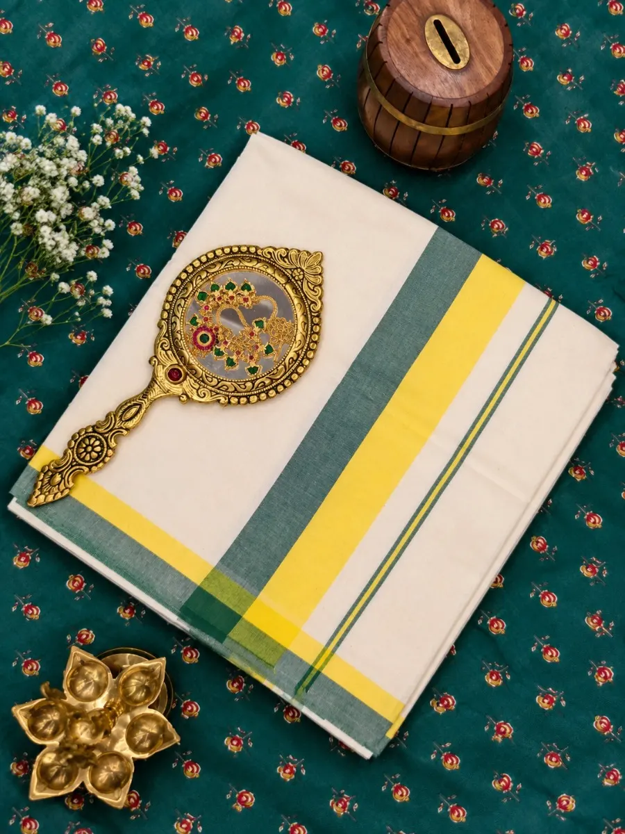  CharcolGreen & LimeYellow - Chemandhikkara Set Saree - view 1