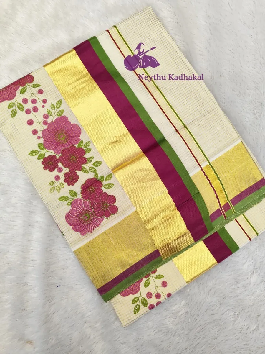 Poovaka - Purple & Green -4*4 Printed Micro Check saree - view 1