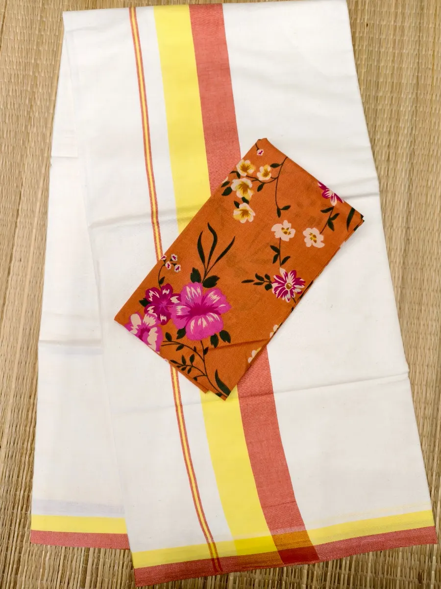 RustRed & MustardYellow -  Chemandhikkara Set Saree - view 1