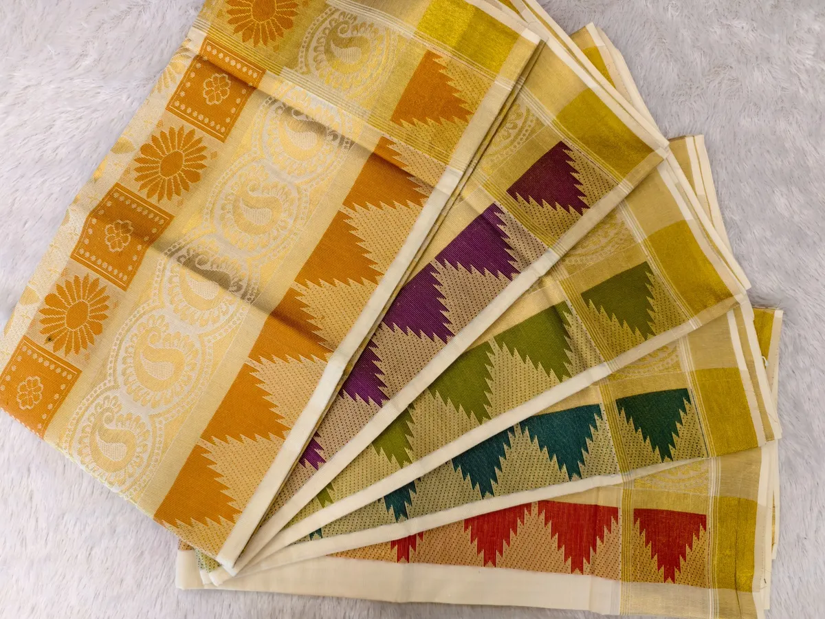 COTTON BOR COLOR PUTTA KASAVU SET - Lightgreen & Kasavu Woked Set Saree thumbnail 2