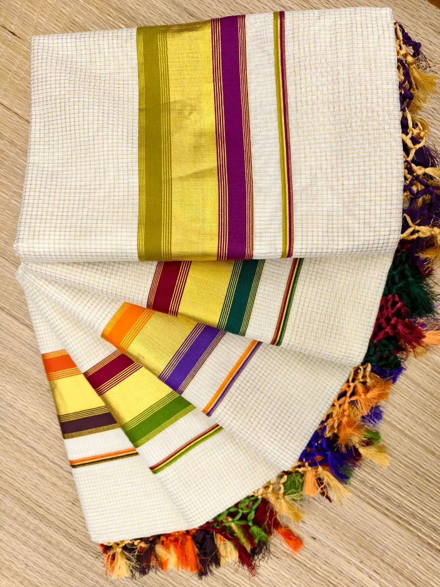 Checked Kasav Saree With Tussels - Purple & OliveGreen - Kara With Kasav thumbnail 2