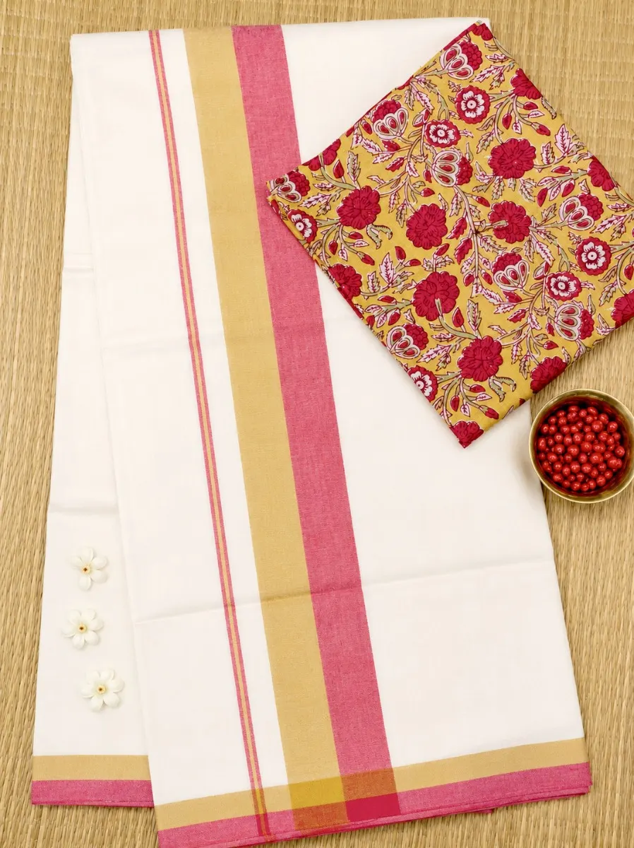 MustardYellow & RosePink - Chemandhikkara Set Saree thumbnail 2