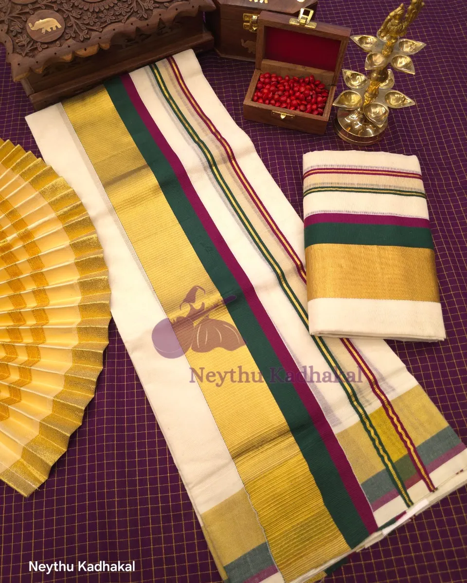 KOTTARAM Set Mund - Darkgreen & Meroon With Golden Kasavu thumbnail 2