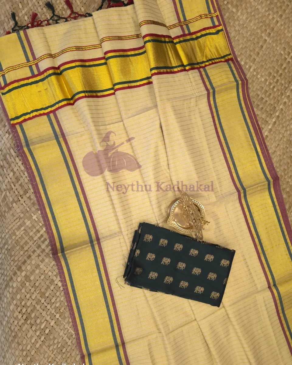 Maroon & Bottle Green - Tissue Saree with Lines & Tassels thumbnail 3