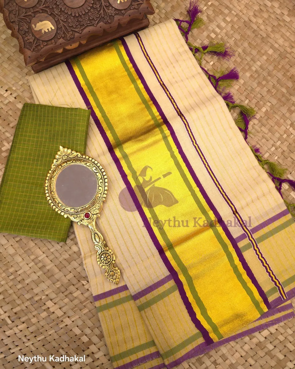 Olive green & Purple Tissue Saree with Lines & Tassels thumbnail 2
