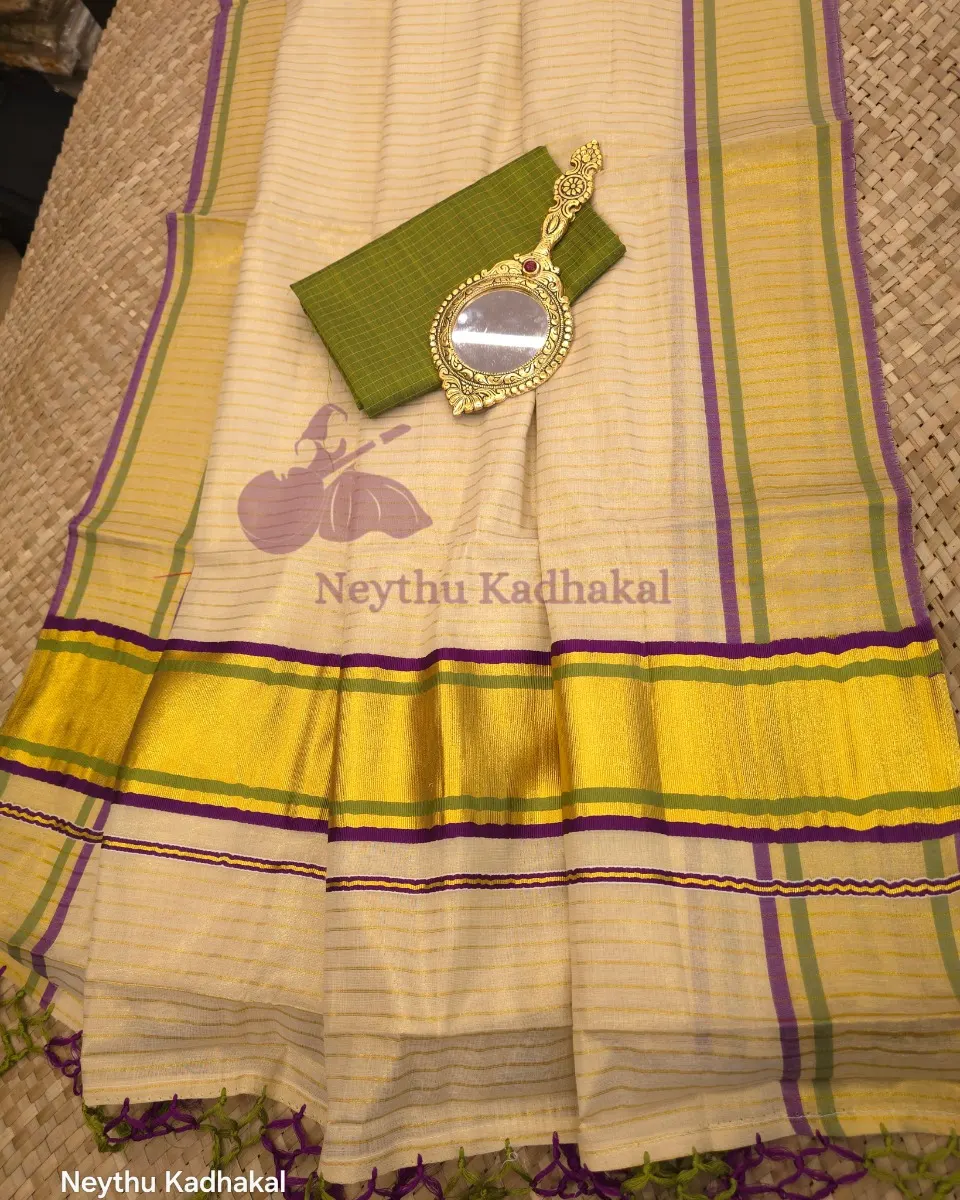 Olive green & Purple Tissue Saree with Lines & Tassels thumbnail 5