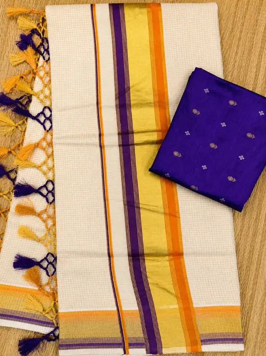Checked Kasav Saree With Tussels - Violet & Orange - Kara With Kasav