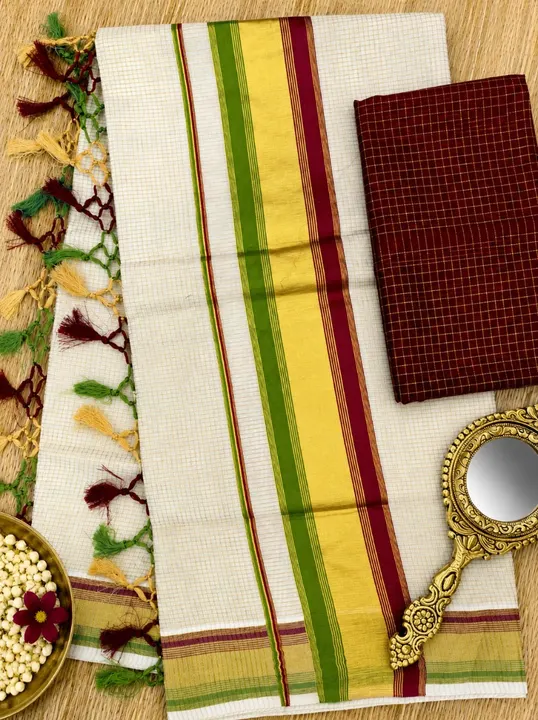 Checked Kasav Saree With Tussels - LightGreen & Maroon - Kara With Kasav