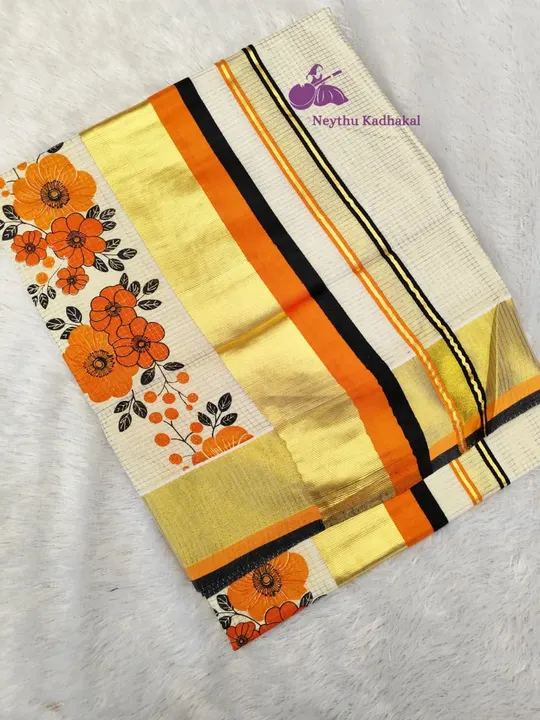 Poovaka - Orange & Black -4*4 Printed Micro Check saree