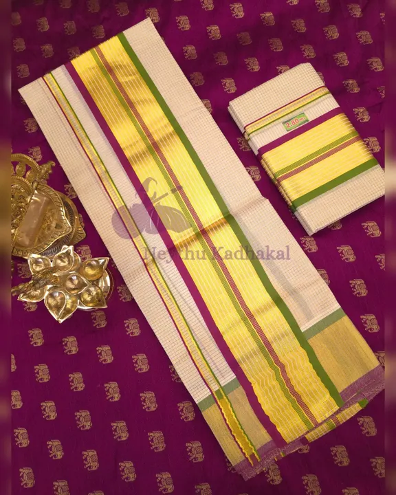 4*4 MICRO Check LJ Set Mund - Vadamalli & Light Green Goldenline Kasavu