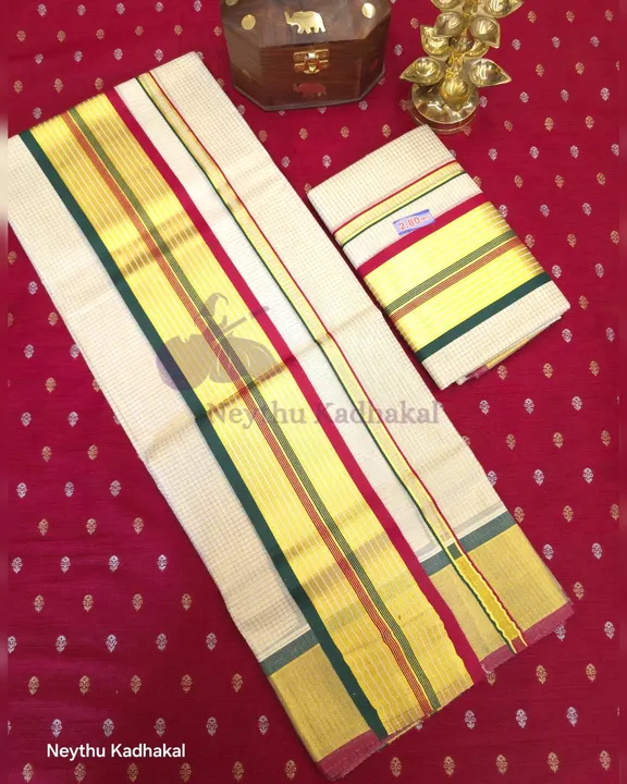 4*4 MICRO Checked LJ Set Mund - Meroon & Green & Golden Kasavu