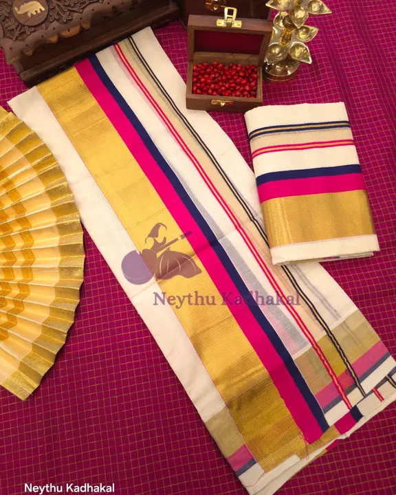 KOTTARAM Set Mund - Dark Blue & Pink With Golden Kasavu