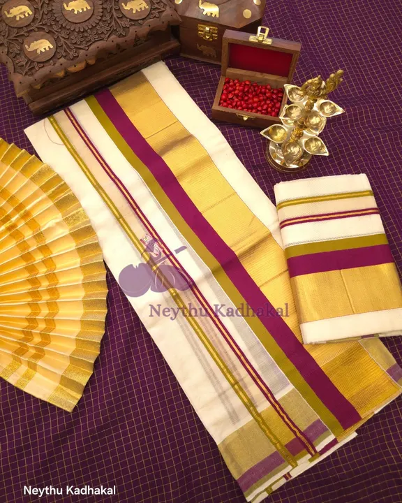 KOTTARAM Set Mund -  GreenGram & Meroon With Golden Kasavu