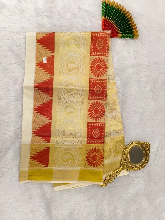 COTTON BOR COLOR PUTTA KASAVU SET - Red & Kasavu Woked Set Saree