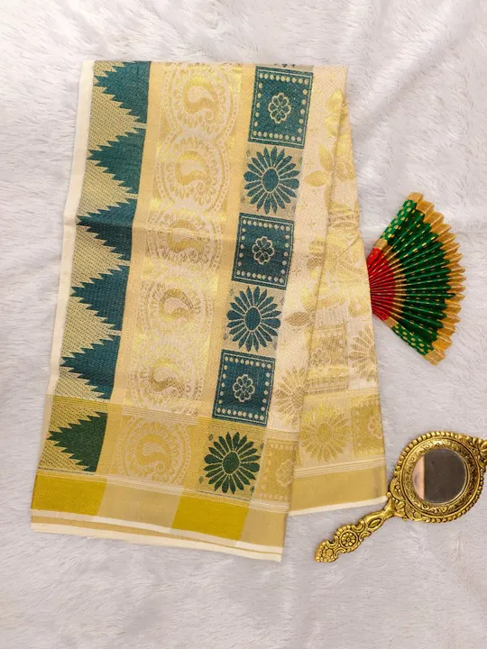 COTTON BOR COLOR PUTTA KASAVU SET - Peacockgreen & Kasavu Woked Set Saree