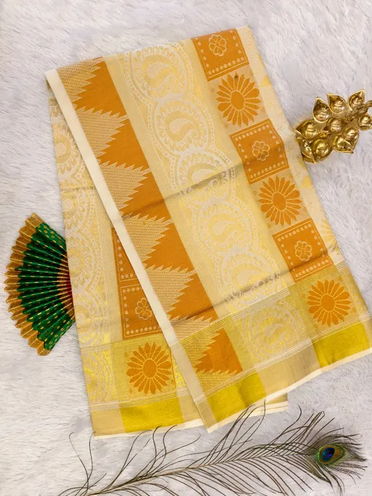 COTTON BOR COLOR PUTTA KASAVU SET - Orange & Kasavu Woked Set Saree